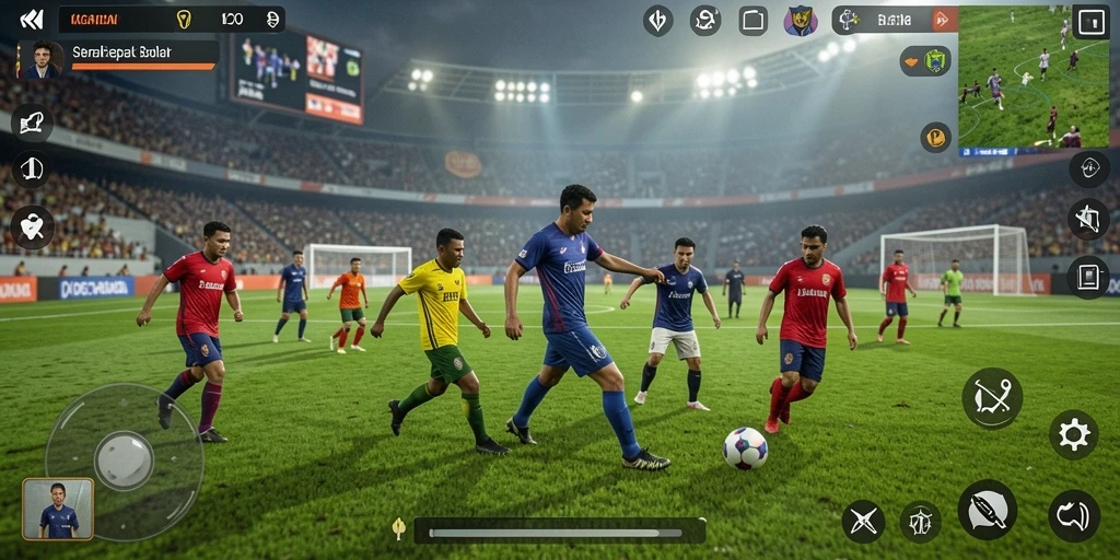 Screenshot menunjukkan aksi seru di lapangan sepak bola.