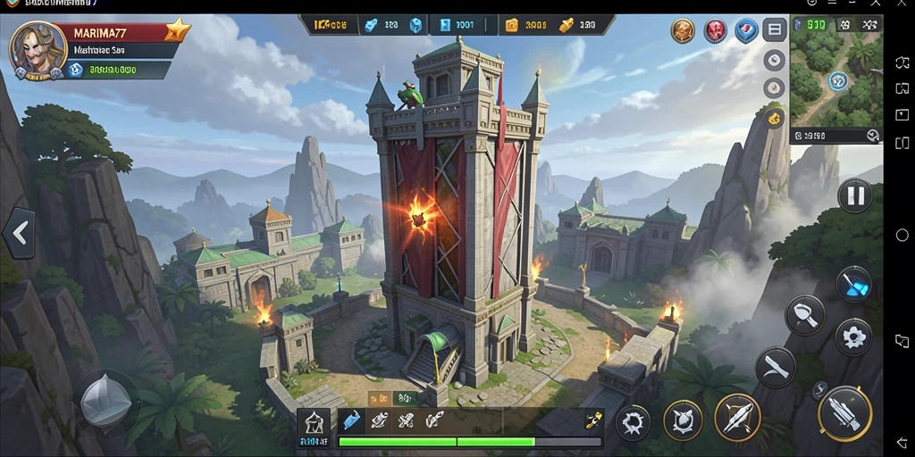 Tampilan gameplay <strong>MARIMA77</strong> menunjukkan pertahanan menara yang mendebarkan.