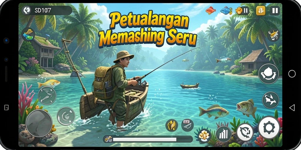 Gameplay seru memancing di SD107 dengan ikan beragam.
